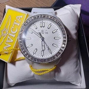 Invicta White Dial Crystal Bezel Women's Silicone Watch